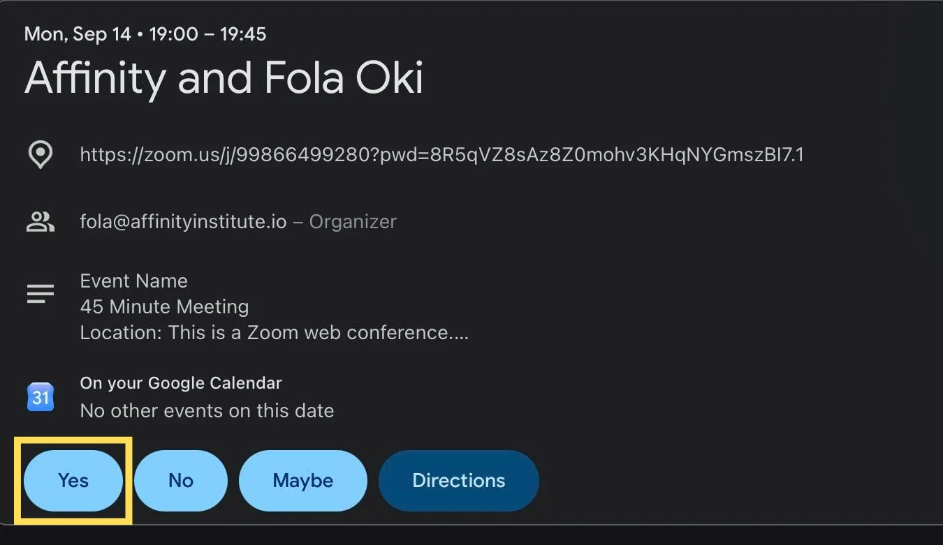 Calendar invite for the Virtual Open Day with the Yes RSVP button highlighted